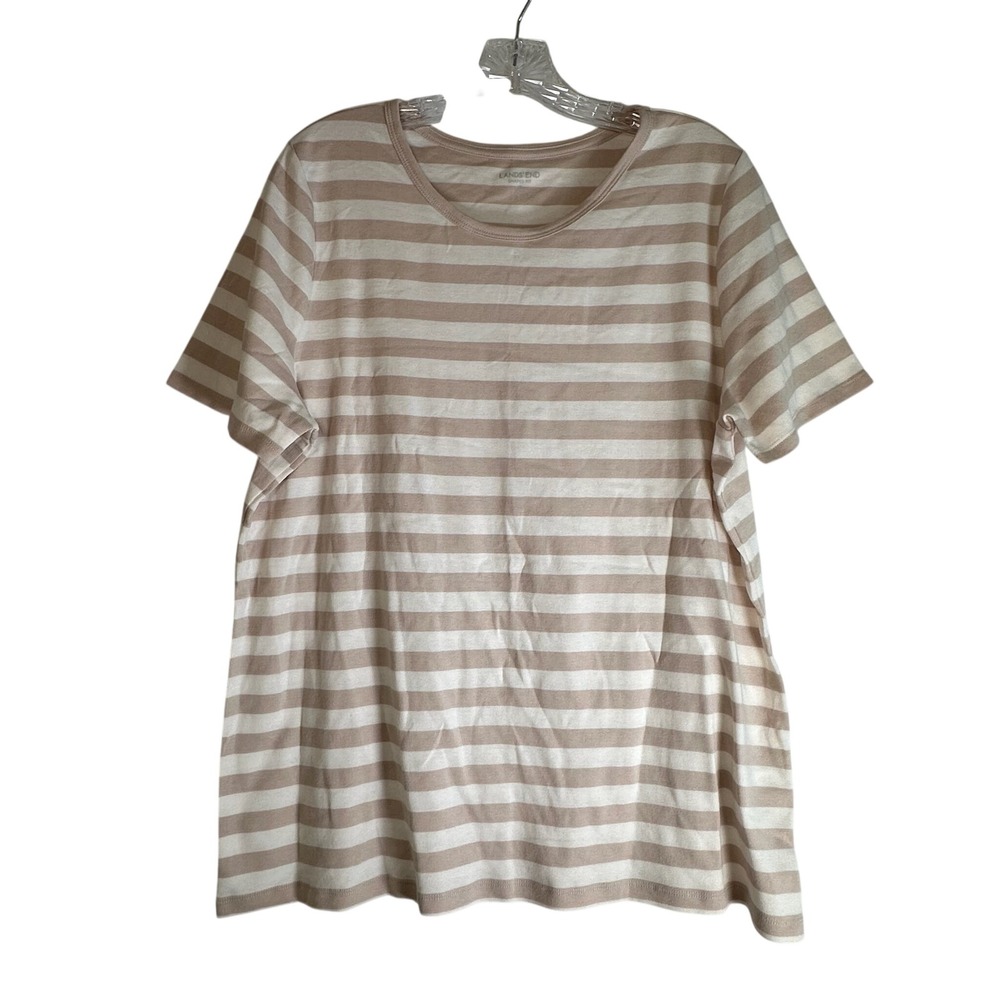 Lands End Womens 1X Shaped Fit Striped Short Sleeve Cotton Tee Tan White